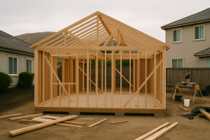 Shows active ADU framing work in a recognizable East Bay residential context, reinforcing the 'accountable, local builde
