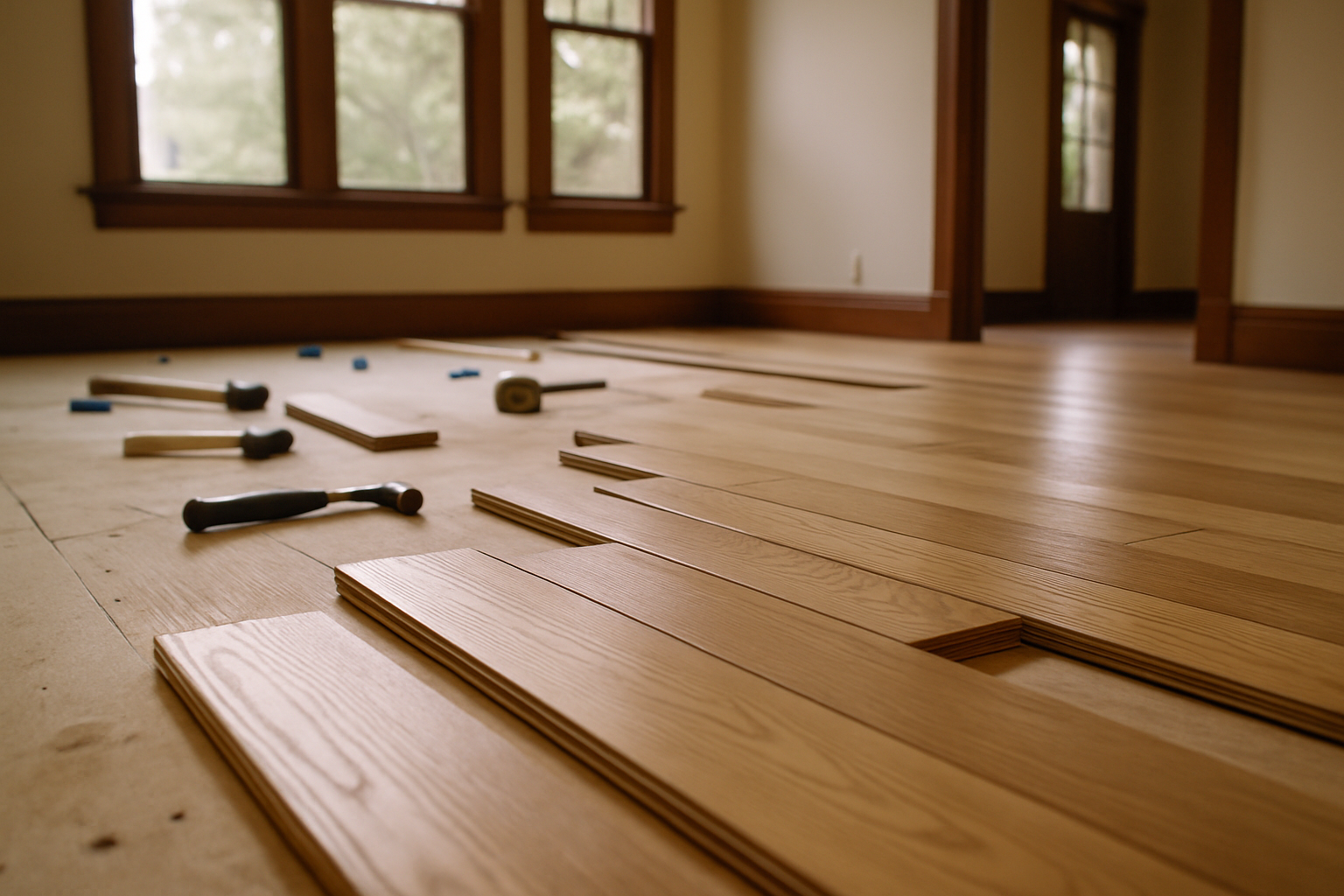 Grounds the cost-focused hero section in the physical reality of hardwood floor installation inside a typical East Bay C