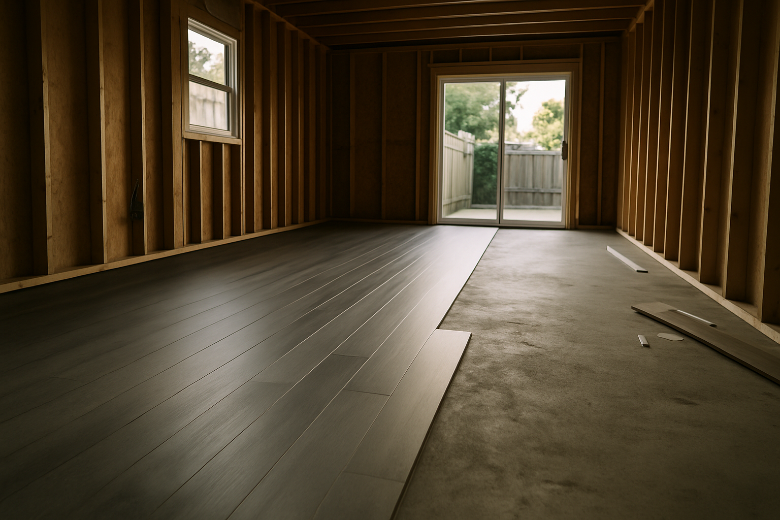 Directly illustrates LVP installation inside a garage-conversion ADU context, reinforcing the surrounding copy about bun