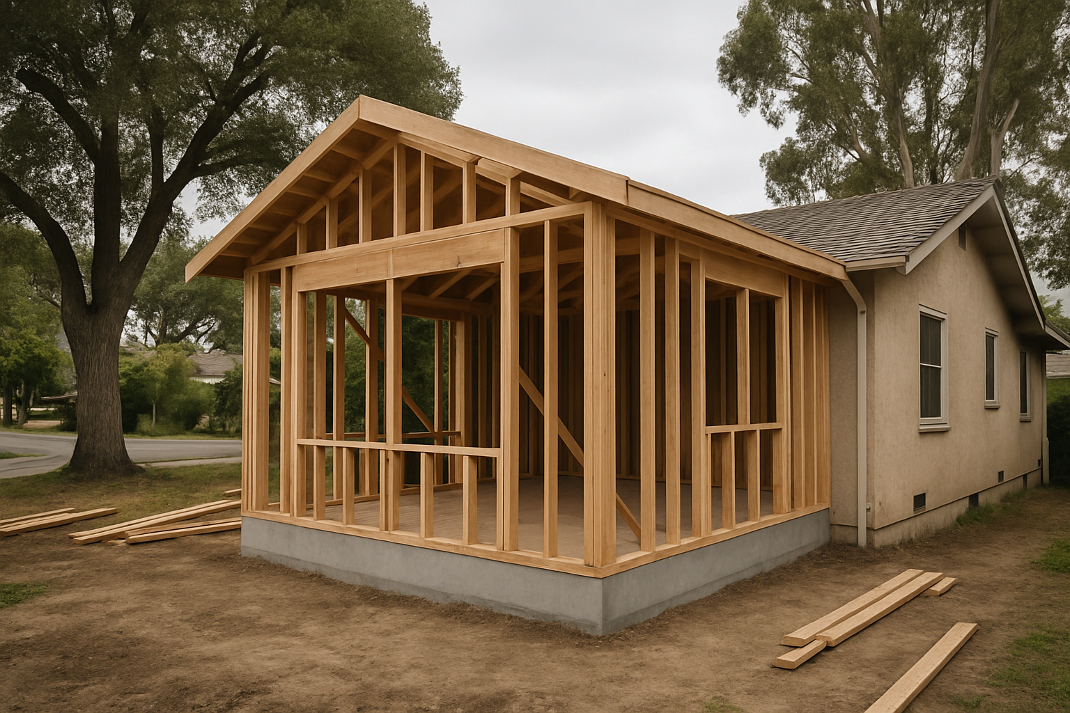 Shows the physical reality of a Bay Area room addition at the framing stage, grounding the cost-guide page in concrete c