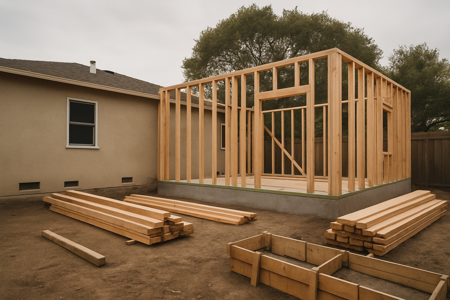 Shows the framing and foundation work stage of a family room addition on a recognizable East Bay residential property, g