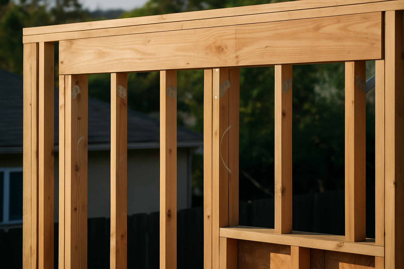 Communicates the permit-inspection stage of a room addition by focusing on the structural framing details that a buildin