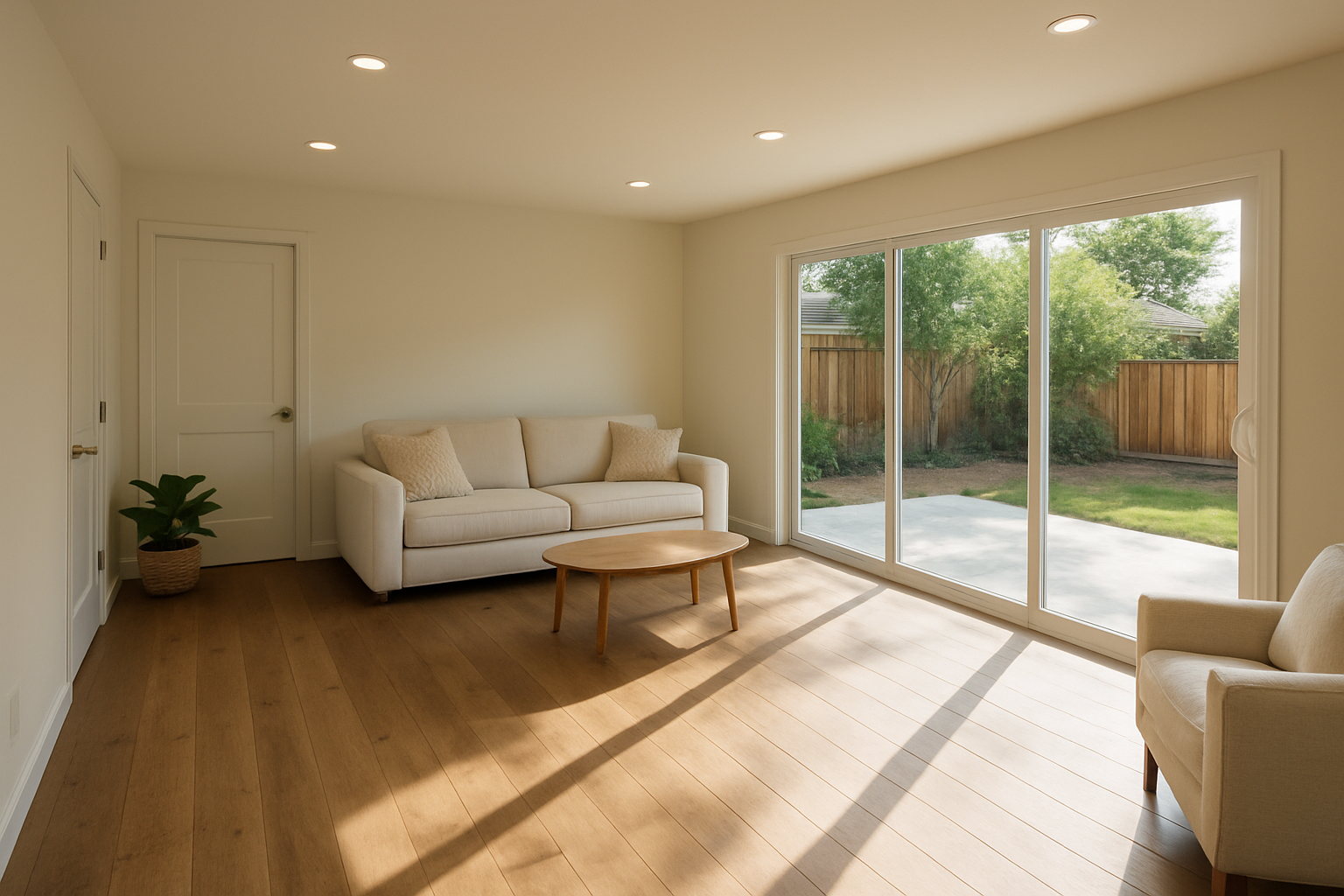 Illustrates the finished-product result of a family room addition with hardwood floors and sliding glass doors, directly